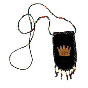 Black Velvet Crown Talisman Hand-Beaded Velvet Necklace Pouch Bag